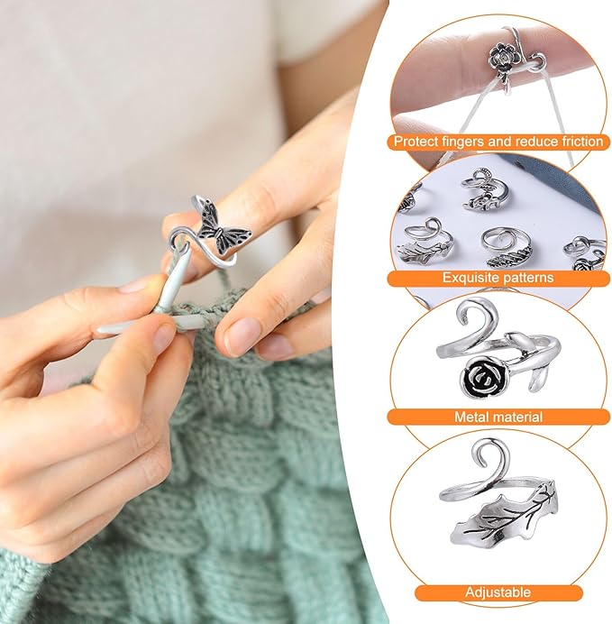 HUISUYTON 9PCS Crochet Ring for Finger, Adjustable Crochet Tension Ring, Yarn Rings for Crocheting Knitting Christmas Gifts for Women