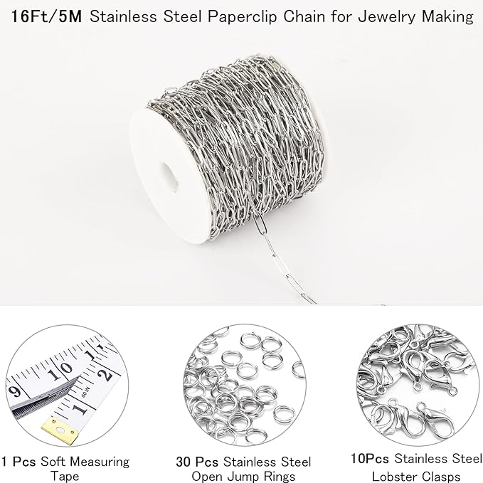 16Ft Stainless Steel Paperclip Chain for Jewelry Making, 2.5mm Width Silver Paper Clip Link Chains Roll for DIY Necklace Bracelet Craft Jewelry Making Supplies with Lobster Clasps Soft Tape Measure