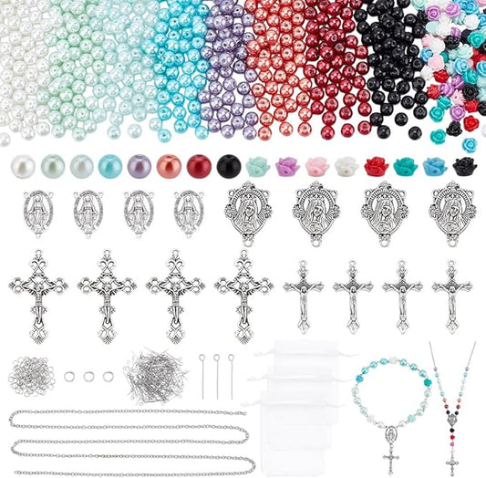 PH PandaHall 767pcs Rosary Jewelry Making Kit Prayer Necklace Supplies 8mm Round Pearl Beads Cross Charms Pendants Flower Rose Beads for Rosary Bracelet Necklace Earring Easter Ramadan Jewelry Making
