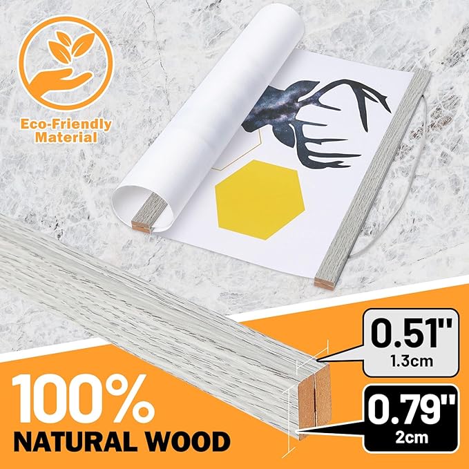Magnetic Poster Hanger, 18x24 18x12 18x24 Poster Frame Wood Wooden Magnet Print Posters Dowel Scroll Hanger Hangers Hanging Kit for Walls Map Canvas Artwork (Grey, 18")