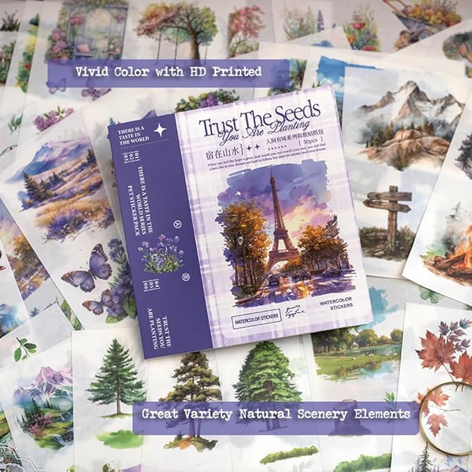 Seasonal Nature Landscape Stickers for Junk Journal Supplies, 50 Sheets Pre-Cut Washi Scrapbook Sticker Book for Journaling, Scrapbooking, Bujo, Planners, Card Making, Collage, Art Crafts