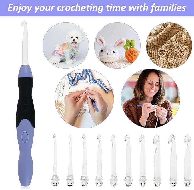 Light Up Crochet Hook Set, 11 Sizes Lighted Crochet Hooks with Case, Rechargeable Crochet Hook 2.5 mm to 8 mm, DIY Crochet Hooks Set for Crocheting and Knitting, Interchangeable Heads Hooks