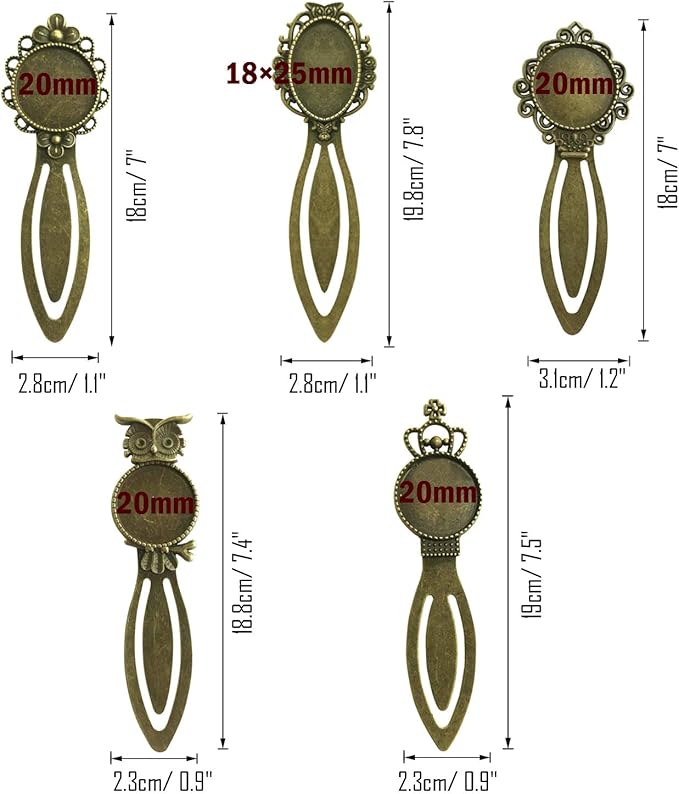 Allazone 14 PCS 7 Styles Antique Bronze Bookmark Pendant Tray Kit with 14 PCS Glass Dome Tiles Clear Cameo for Bookmark DIY Making, Reading Lovers, Necklace