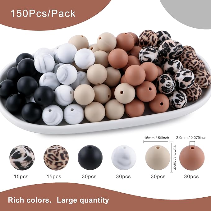 150Pcs Mixed Color 15mm Silicone Beads for Keychain Making, Black Camel Leopard Print Silicone Beads for Pens and Bracelet Jewelry Making