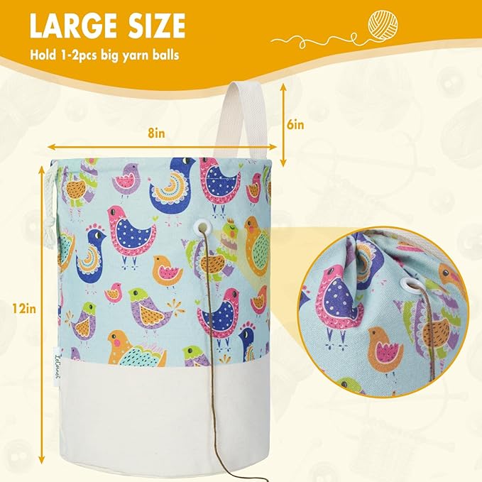 Yarn Bag, Small Crochet Bag Organizer, Drawstring Yarn Storage Knitting Bags, Portable Mini Yarn Holder for Crocheting Project, Store Skein Ball, Needles Accessories (Colorful Birds, Large)