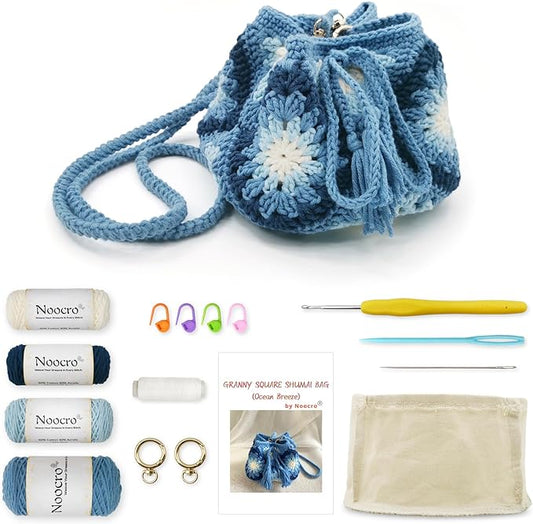 Noocro Crochet Kit Granny Square Shumai Bag, Purse, Complete DIY Kit, Detailed Instructions, Video Tutorials, for Beginners or Intermediate and Advanced Crocheters (Ocean Breeze)