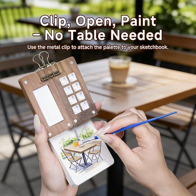 8-Well Mini Travel Watercolor Set, 32-Pcs Portable Pocket Palette Kit with 24 Vibrant Colors, 5 Brushes, 2 Sketchbooks & Clips, Tiny Wood Paint Box for Urban Sketching, Plein Air & Gifts