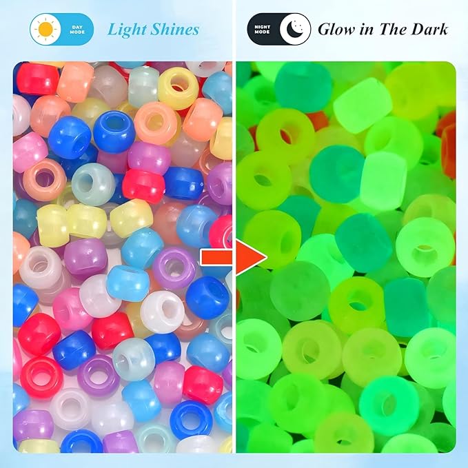 sunrica 1100pcs glow in the dark pony beads 6x9mm 9 colors large hole plastic beads for kandi, hair braids, necklaces, friendship bracelets