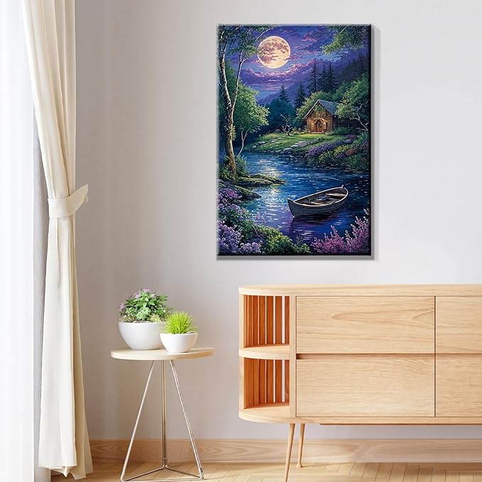 JOOZ Landscape Paint by Numbers Kit for Adults Beginner with Easel Cabin at Night Paint by Number on Canvas with Frame DIY Acrylic Painting for Ideal Gift Home Wall Decor 7.87x11.81 Inch