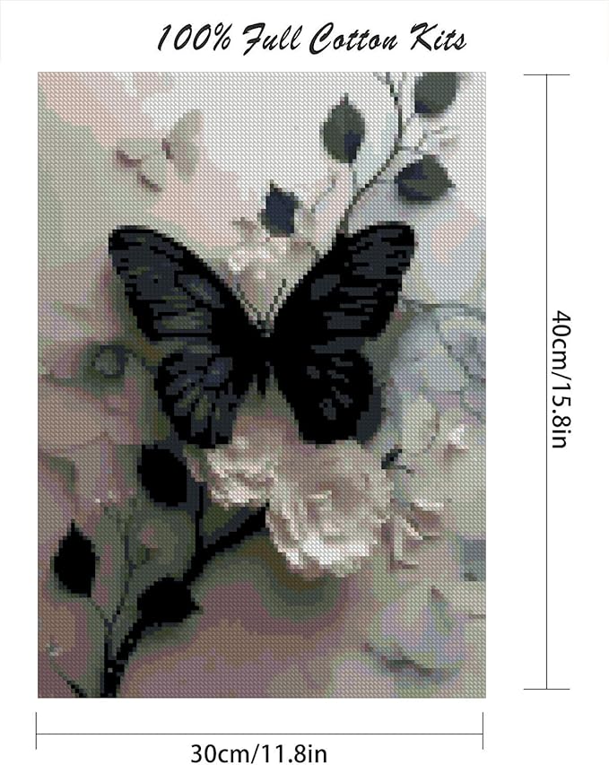 Mrnsiet Butterfly Cross Stitch Kits for Adults, Black Butterfly Stamped Cross Stitch Kits for Beginners, Needlepoint Cross-Stitch Patterns Embroidery Kits Arts and Crafts for Home Decor 12×16Inch