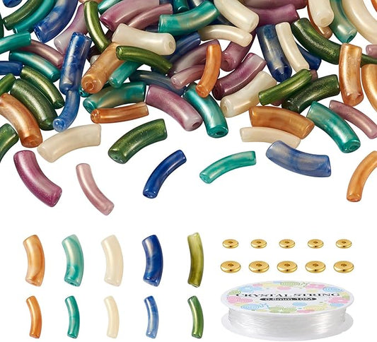 Sparkeads 120PCS Bamboo Tube Bracelet Making Kit for Women Friendship Bracelet Gift Stacking Bangles Chunky Curved Acrylic Beads Metal Spacers Elastic Thread Bracelet Beads