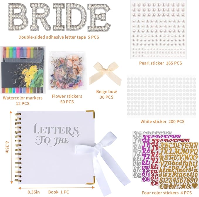 SnowCow 452 PCS Letters to The Bride Scrapbook Kit, 8.3 x 8.3 Inch Wedding Memory Book with Pen, Pearl Stickers, Metallic Letters, Bows for Bridal Shower Guest Book DIY