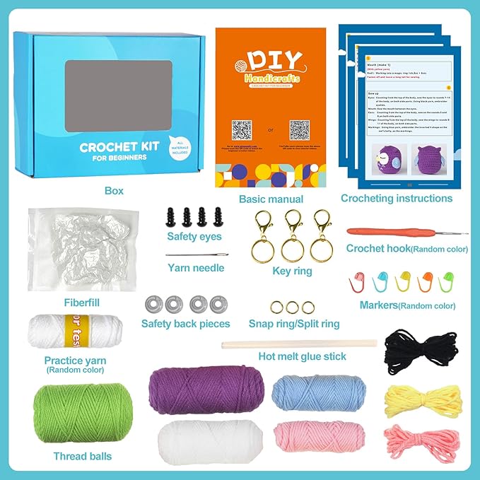 YESJOLI Crochet Animals kit for Beginners,Crochet Knitting kit Crafts for Adult Women DIY with Step-by-Step Video,Easy Learn tutorials to Crochet Kits,Yarns,Hook,Accessories (White Rabbit Frog owl)