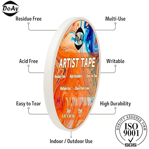 4 Pack White Artist Tape - Art Masking Tape for Watercolor Paper, Canvas Acrylic Painting, Curves, Framing, Paint, Gouache, Console - Acid Free Drafting Tape 0.20" Wide - 360FT Total