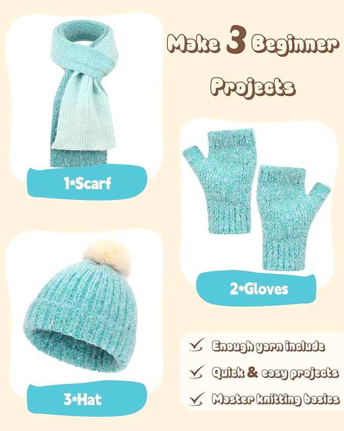 katech beginner knitting kit - learn to knit kit for adults- complete hat, scarf, gloves starter kit with step-by-step instructions(gradient)