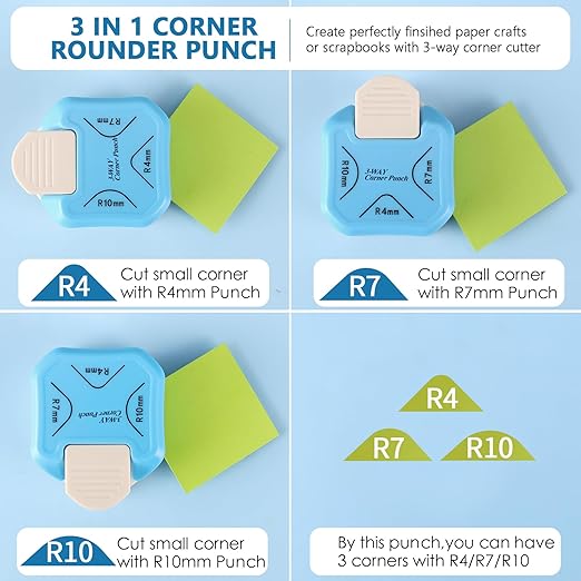 3 in 1 Corner Punch, 4mm, 7mm, 10mm 3 Way Corner Rounder Punch for Laminated, Cardstock, Bullet Journal, Invitations, Gift Tags, Photocards, Business Cards, and Scrapbooking