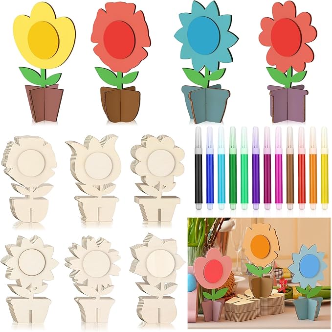 MotiMind 60 Pcs Spring Crafts Set 48 Pcs 3D Wooden Flower Cutouts Unfinished Tulip Slices Wood Daisy to Paint with 12 Colored Pens for Mother's Day Summer Floral Handmade Craft DIY Project