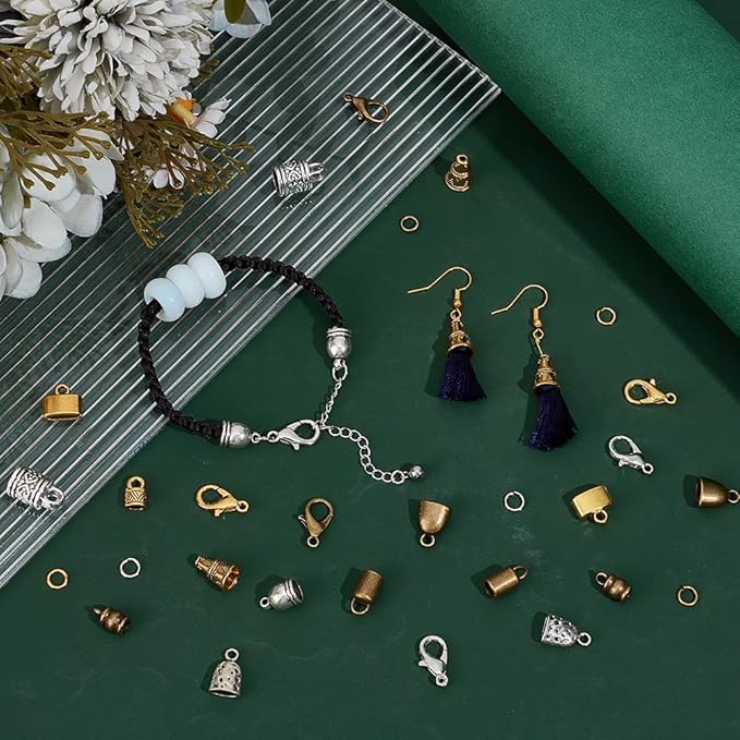 SUNNYCLUE 1 Box 210pcs Leather End Caps Kumihimo Bead Caps Vintage Antique Golden Silver Tube Barrel Rope Tassel Cord Ends Terminal Kits Lobster Clasp Open Rings for Jewelry Making Kit Women Bracelet