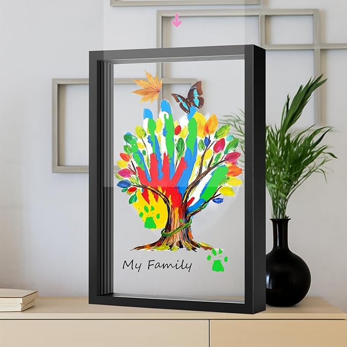 black family handprint kit for 4 – wooden frame with 4 clear acrylic boards, diy handprint keepsake for baby, pet, mom, grandparents, hand mold art set with non-toxic washable paint (black)