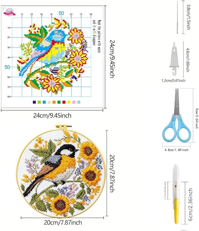 Zhenging Animal Cross Stitch Kit – 4 Pre-Printed Designs (Sloth, Bird, Penguin, Calf) with 11CT 9.45x9.45 Inch Fabric, Hoop, Scissors, Threader & Tools for Beginners & Adults