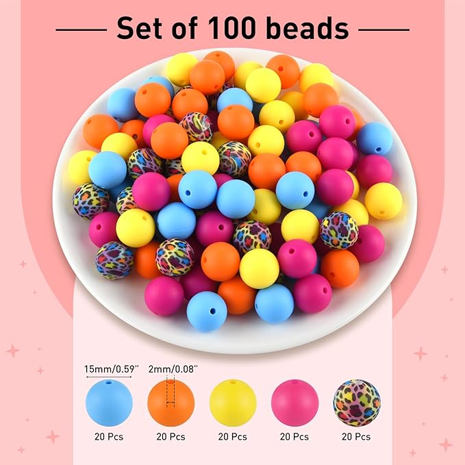 ASTARON 100 Pcs 15mm Silicone Beads for Keychain Making, Blue Hot-Pink Yellow Orange Round Beads for Bracelets Beadable Pens Decorations Crafts Making Party Favours Supplies