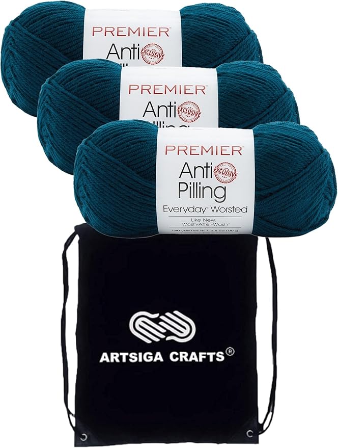 Premier Yarns Everyday Anti-Pilling Solid Deep Teal DN100-69 (3-Skeins - Same Dye Lot) #4 Worsted Weight Acrylic Yarn for Crocheting and Knitting with Project Bag
