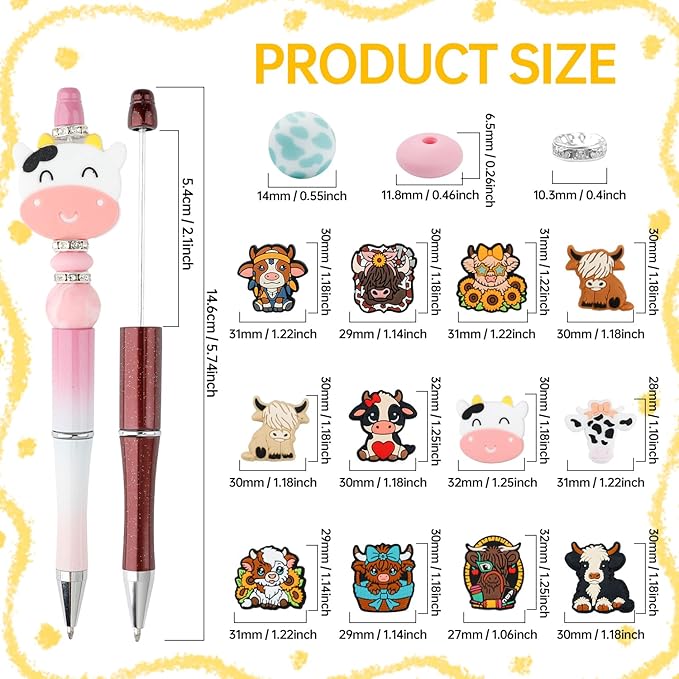 12 Set Highland Cow Theme Plastic Beadable Pens DIY Set, Assorted Bead Pens Crystal Round Spacer Pendant Set Black Ink DIY Ballpoint for Teachers, Women Men Gift Office Supplies