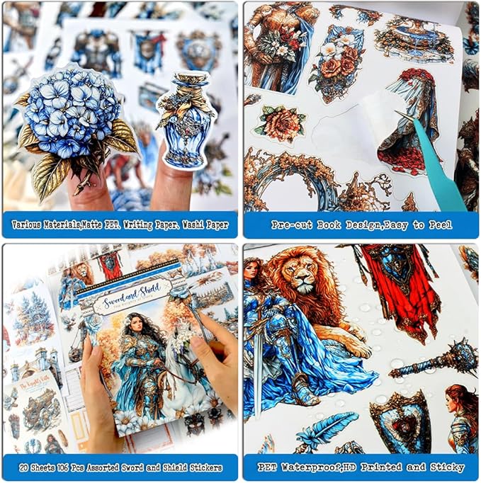 Dwpetzo Scrapbooking Sticker Book, 20 Sheets Pe-Cut PET, Washi Tape, and Craft Paper Stickers for Junk Journal Supplies, Journal Stickers for Journaling, Planner, Bujo, Collage (Sword and Shield)