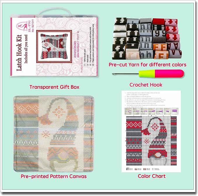 DL-YTG DIY Latch Hook Kits Throw Pillow Christmas Hat Cover Rug Pattern Color Printed Canvas16X16 inch, Crochet Needlework Crafts for Adults