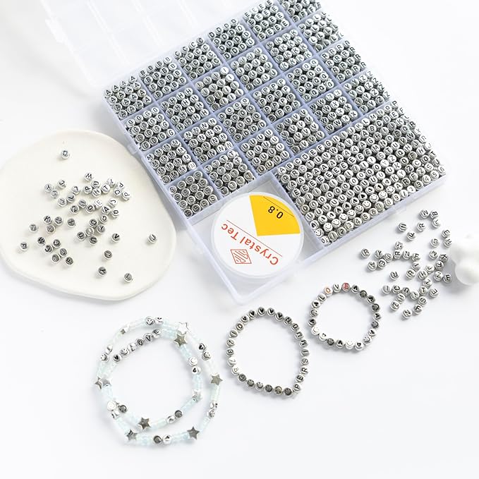 nikkiGuo 1250 PCS Letter Beads Kit with Elastic Cord – Alphabet A–Z, Numbers, Heart, Moon, Star, Smiley Beads for Friendship Bracelets & DIY Jewelry (Sliver Beads & Black Letters)