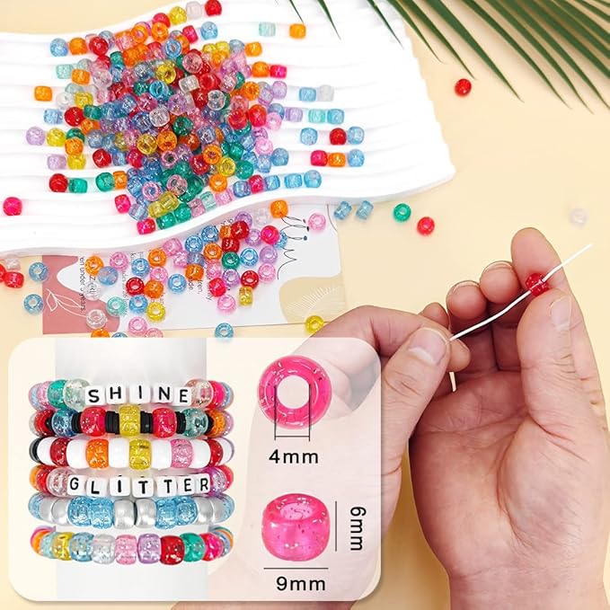 MIIIM 1000PCS 6x9mm Pony Beads Bulk, Glitter Kandi Beads for Bracelets Making Kit, Hair Braids Crafts for Jewelry Making (Glitter Mixed)