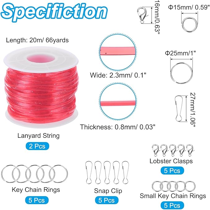 PATIKIL Lanyard String Kit, 2 Rolls Glitters Plastic Lacing Cord Gimp String Lanyard Weaving Kit with Lanyards Accessories for Jewelry Making DIY Crafts, Bracelets, Keychains, Pink
