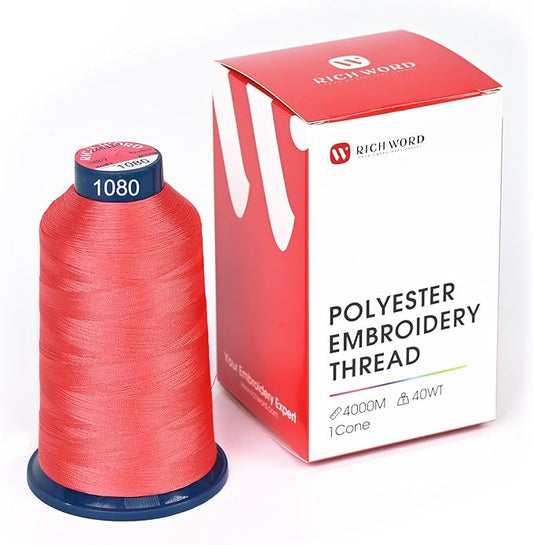 Poolin Embroidery Machine Thread Richword Selected Red 4000M 40WT Polyester Embroidery Thread – Smooth, Strong Single Spool for Home & Commercial Machines 1080
