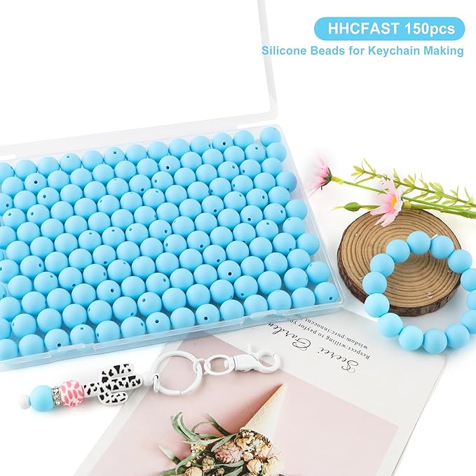 150Pcs 15mm Silicone Beads for Keychain Making Bracelet Necklace, Bulk Round Silicone Beads for Pens（Baby Blue）