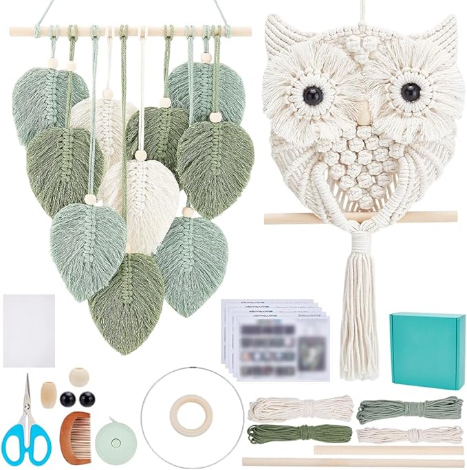 FREEBLOSS 2 Set DIY Macrame Leaf Wall Hanging Kit Beginners Macrame Kit Leaf and Owl Woven Tapestry Feather Wall Hanging DIY Macrame Kit for Adults Birthday Gift, Instructions Included