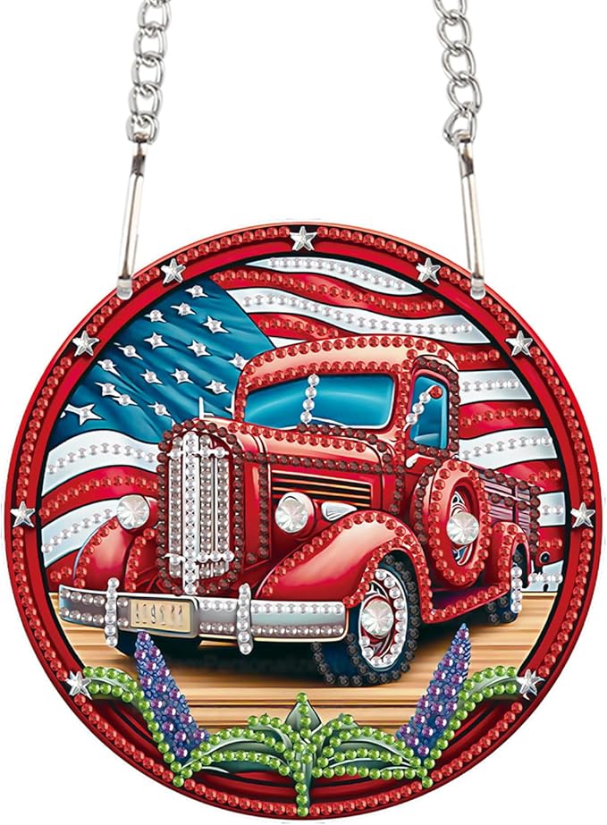 DIY Diamond Painting Hanging Kit – Independence Day Car Acrylic Pendant with 5D Special Shaped Rhinestones, Patriotic Wall or Door Decor, Handmade July 4th Gift for Art Lovers