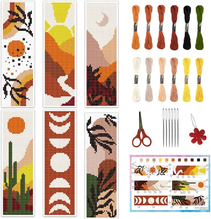 INFUNLY 6PCS Boho Cross Stitch Bookmark Kits 8''x2.4'' Landscape Bookmark Making Kit Moon Phases DIY Stamped Embroidery Bookmarks for Beginners with Instruction for Book Lovers Reader Writers Gift