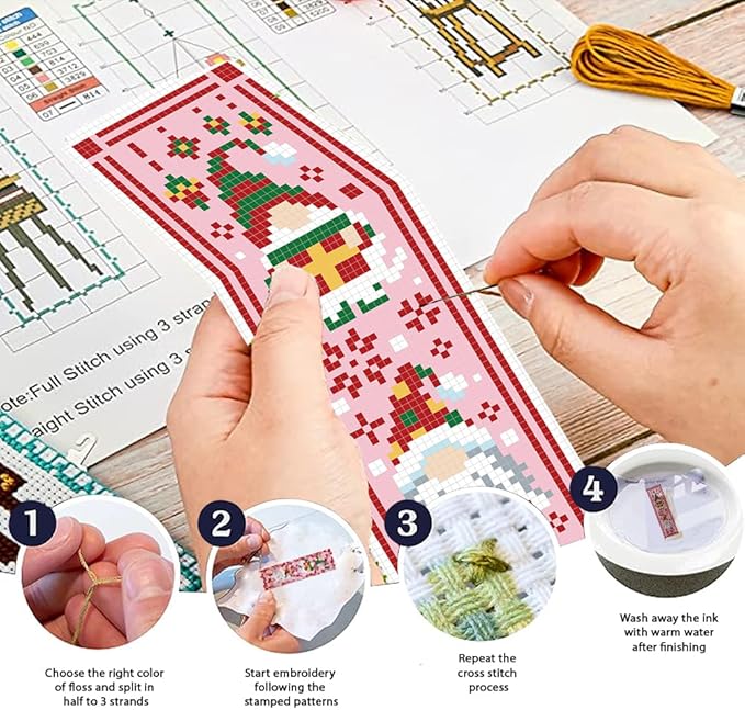 FREEBLOSS 6 Set Cross Stitch Bookmark Kit St. Patrick Gnome Pattern Stamped Cross Stitch Kit 11CT Christmas Embroidery Kits with Instructions for Beginners Adult 20x6cm/8x2.4inch