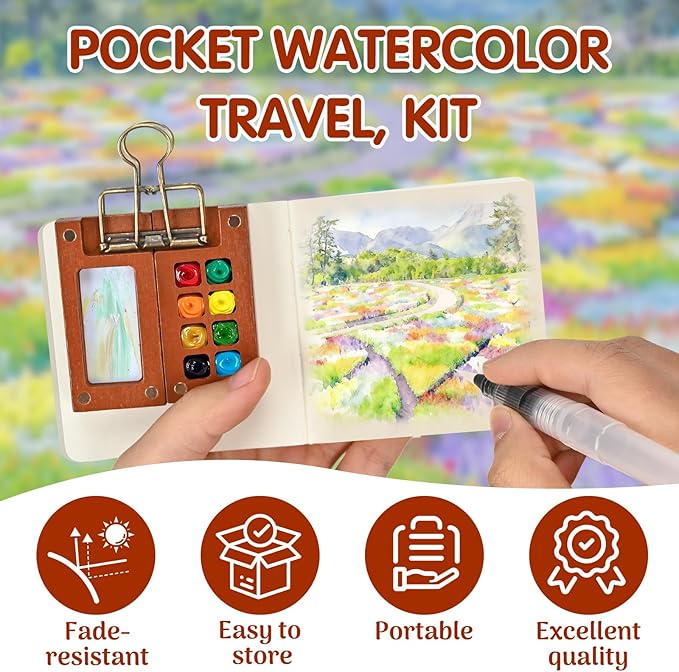 Mini Watercolor Paint Set,Portable mini Travel Watercolor kit, Pocket Watercolor Set with Paint,Art Supplies, for Artists, Amateur Hobbyists and Painting Lovers(12 Colors 8Grids)