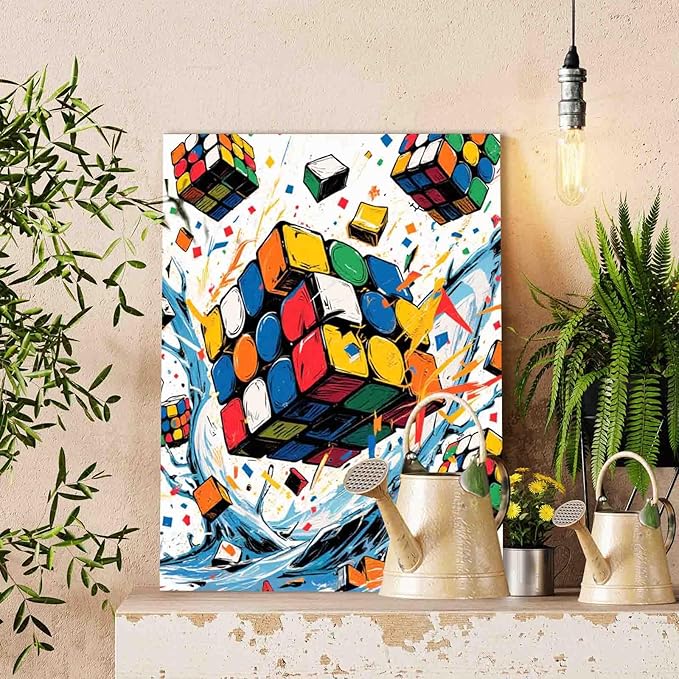 Aihonmin Magic Cube Paint by Numbers Kit for Adults & Kids Ages 8-12,Colorful Graffiti Paint by Number on Canvas Easy to Paint for Beginner Acrylic Paintwork Home Wall Decor 16"x20" (DIY Frame)