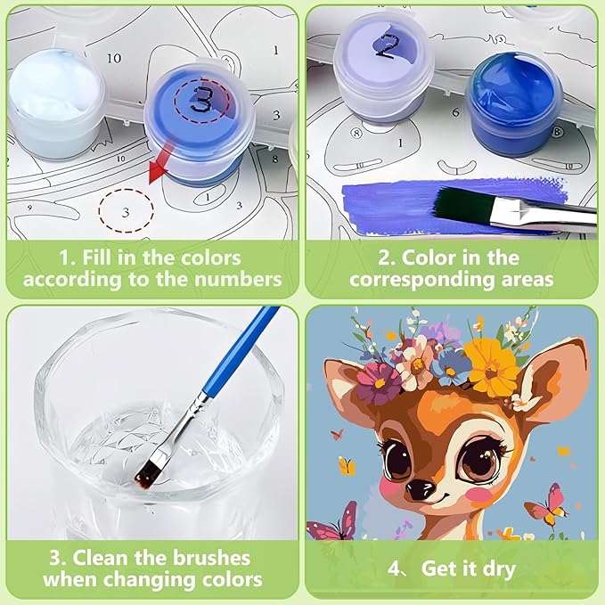 Reivworl Paint by Numbers Kit for Kids with Frame and Easel, Deer Paint by Number for Kids Age 6-8-12, Paint by Numbers Kits for Gifts and Home Decor - 8X8Inch