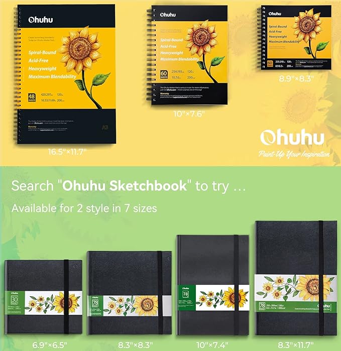 Ohuhu Marker Pads Art Sketchbook - 8.9" x 8.3" Portable Square Size -120 lb/200 gsm Drawing Papers - 60 Sheets/120 Pages - Spiral Bound Sketch Drawing Book for Alcohol Markers Christmas Gift