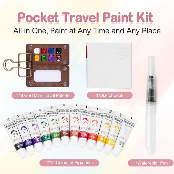 Mini Watercolor Paint Set, Mini Paint Palette Travel Kit, Pocket Artist Watercolor Travel Set Colors, Sketchbook, Brush, Metal Clip, for Beginners, Artists, Enthusiasts (8 Grids, 12 Colors)