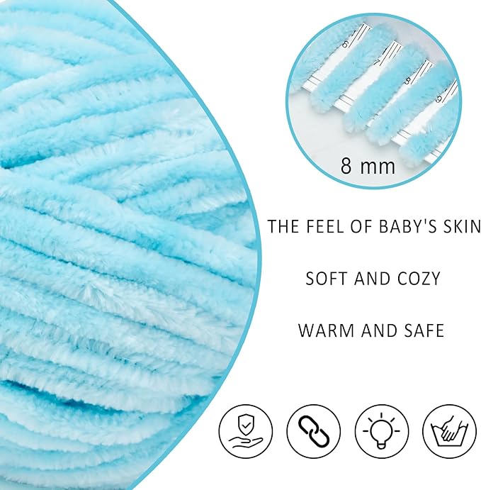 Velvet Yarn Chenille Yarn for Crocheting and Knitting Soft Chenille Bulky Baby Blanket Yarn DIY Weaving Craft 8pack Blue(4oz 66yds Each)