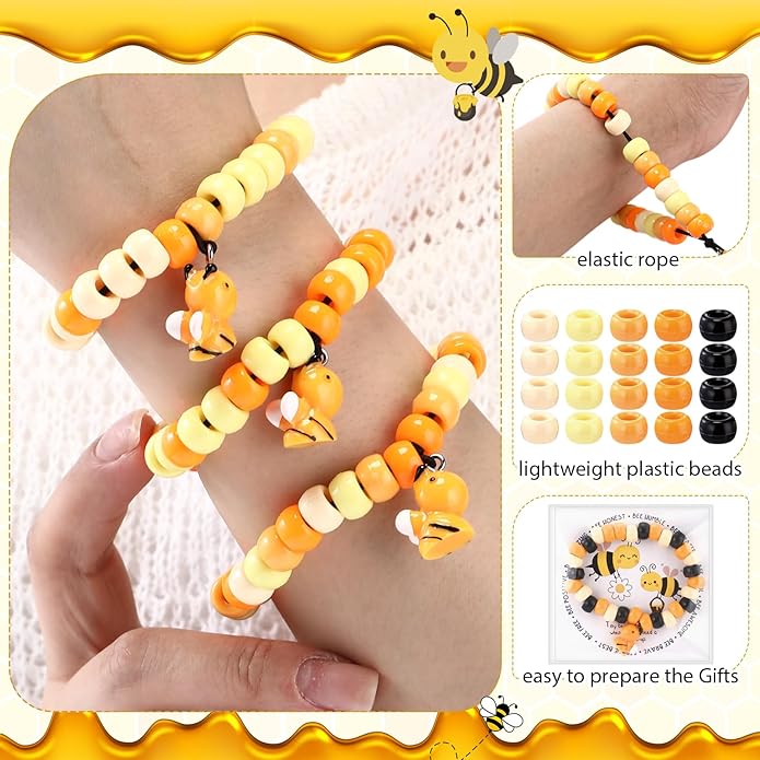 Highergo 50 Set Motivational Bee Themed Gifts Bee Bracelet Beads DIY Craft Kit with Inspirational Cards and Bags for Teacher Bee Party Favors