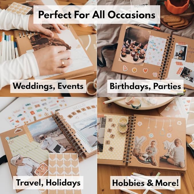 scrapbook kit - 80 page photo album diy scrapbook - holds 300+ photos, with metallic pens, 150+ stickers, glue pen, washi tapes, backing paper, photo corner stickers (starter kit - 8 x 8 inch, kraft)