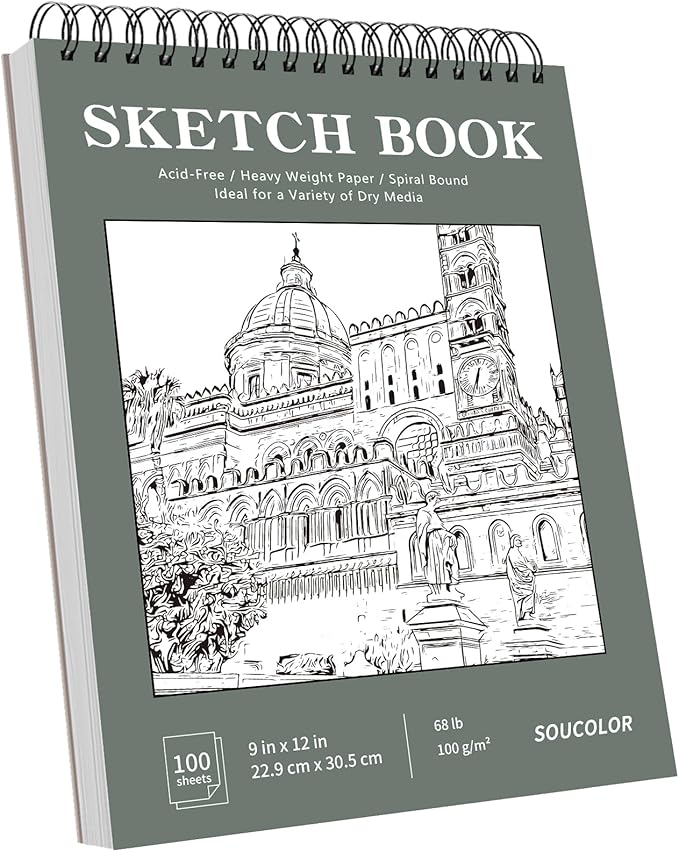 soucolor 9" x 12" sketch book, 1-pack 100 sheets spiral bound art sketchbook, acid free (68lb/100gsm) artist drawing book paper painting sketching pad, college essentials