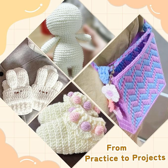 Reessy Crochet Yarn Kit for Beginners – 4 Yarns Sampler Pack (Acrylic, Cotton, Velvet Chenille, Beginner Yarn) with Hooks & Accessories – All-in-One Crochet Starter Kit for Beginners Adults (D)