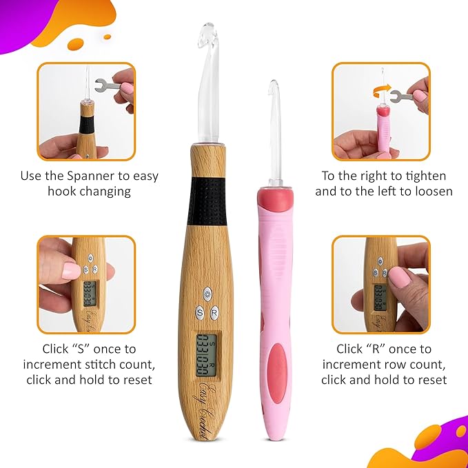 Crochet Counting Hook & Handle Set - 18 Hooks 2mm-14mm - Comfortable Ergonomic Soft Grip - w/Digital LED Row Stitch Finger Counter Marker Easy to Read Numbers - Crocheting Knitting Kit - Easy to Use