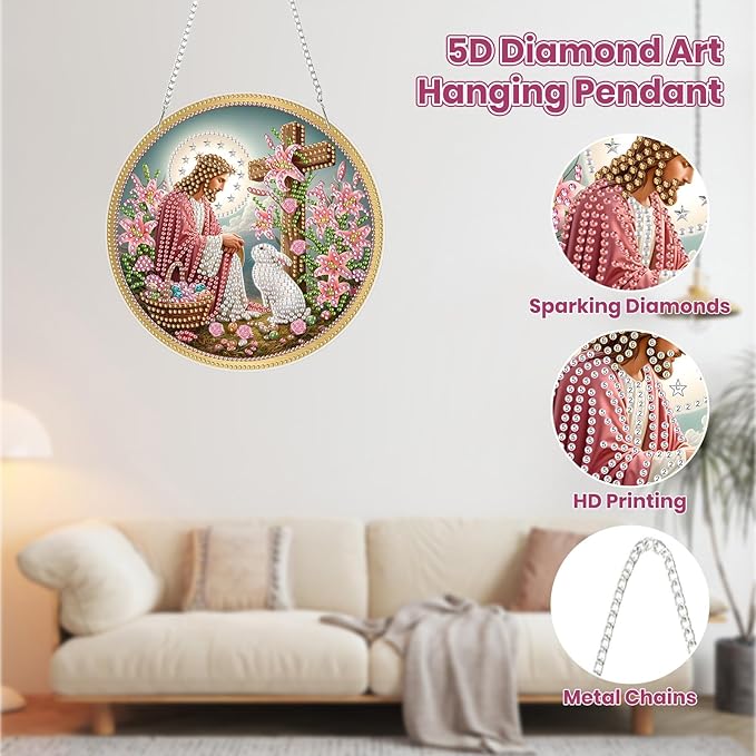 MOGTAA Easter Bunny Diamond Art Hanging Kits for Adults Beginners, Jesus Diamond Art Suncatchers, 5D Special Shape Flowers Diamond Painting Window Pendant Kit for Home Garden Wall Decor